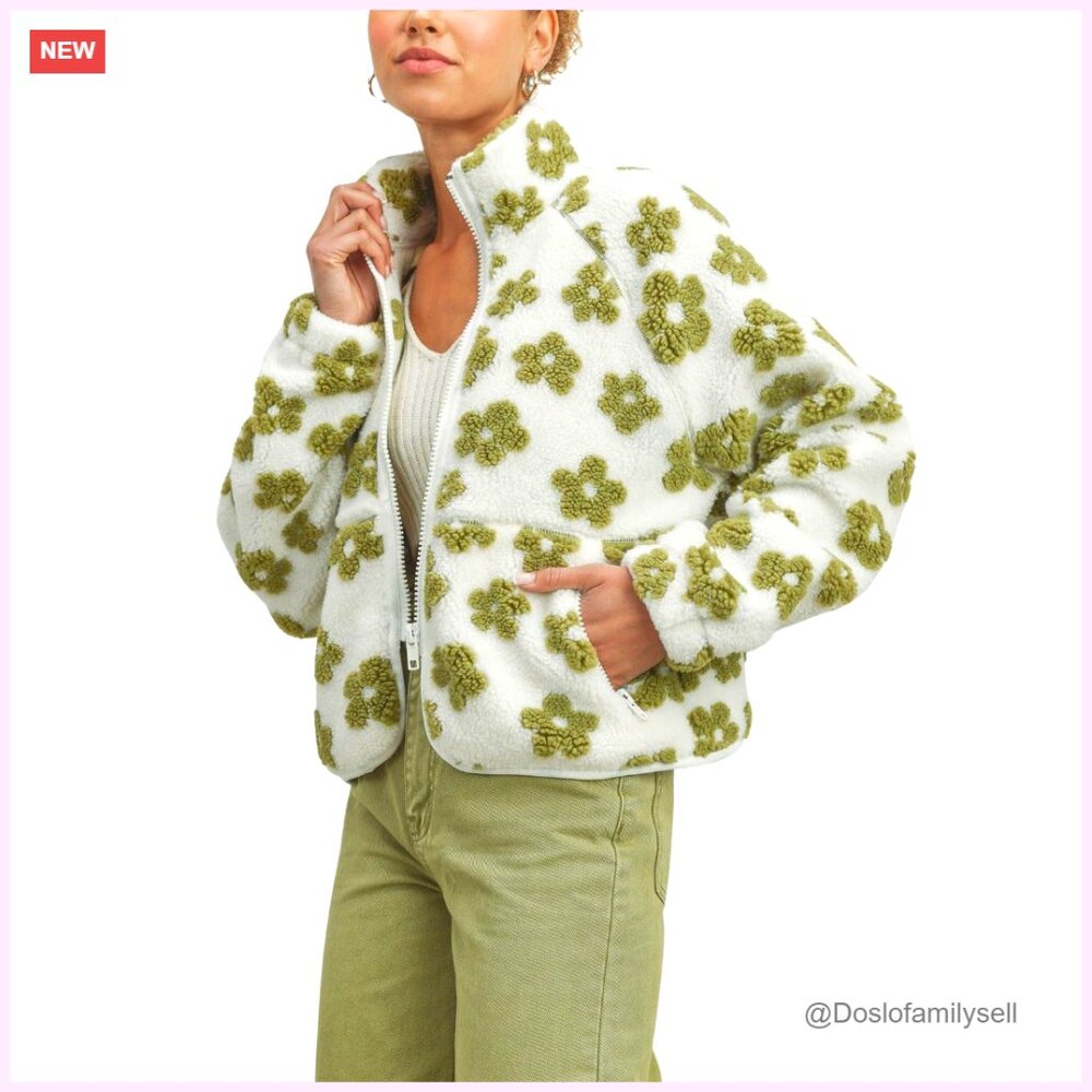 Fleece Sherpa Jacket With Floral Pattern, Zip Up, Stand Collar, Pockets